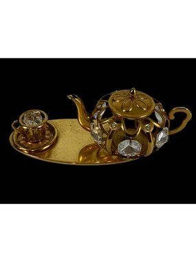 Crystal Delight 24K Gold Plated Tea Pot Cup Figurine Mascot USA Trinket Shelf